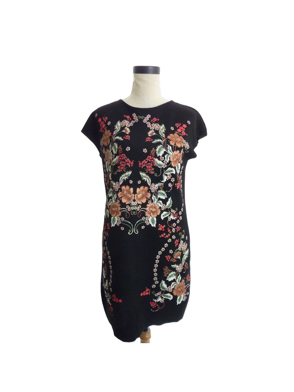 Black Zara Flower Boho Dress Black Floral Print Textured Pull On Dress S